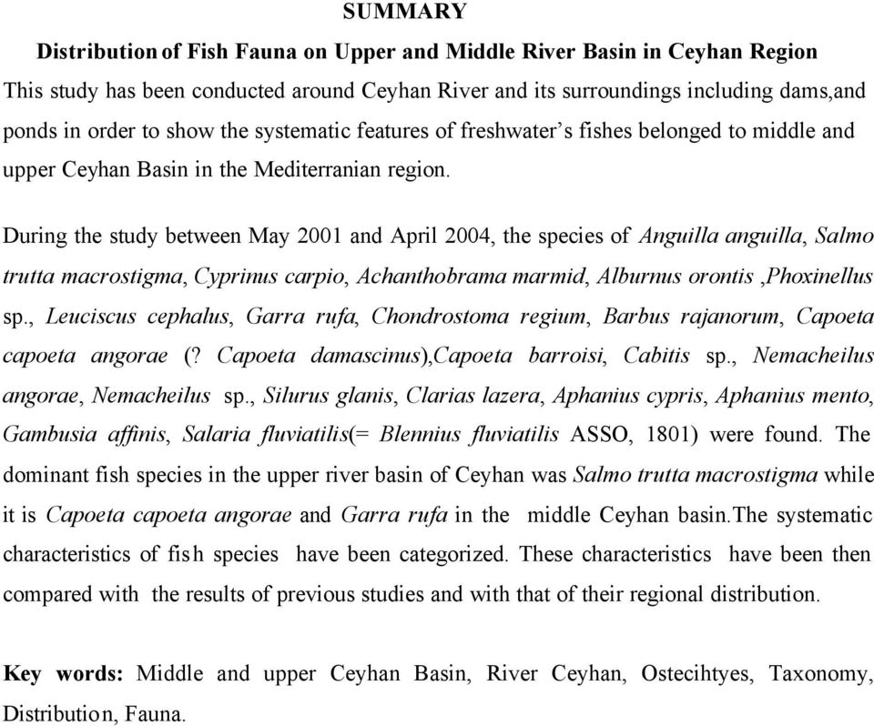 During the study between May 2001 and April 2004, the species of Anguilla anguilla, Salmo trutta macrostigma, Cyprinus carpio, Achanthobrama marmid, Alburnus orontis,phoxinellus sp.