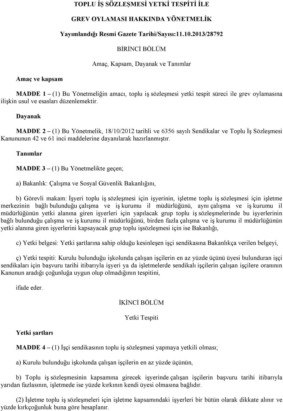 Dayanak MADDE 2 (1) Bu Yönetmelik, 18/10/2012 tarihli ve 6356 sayılı Sendikalar ve Toplu İş Sözleşmesi Kanununun 42 ve 61 inci maddelerine dayanılarak hazırlanmıştır.