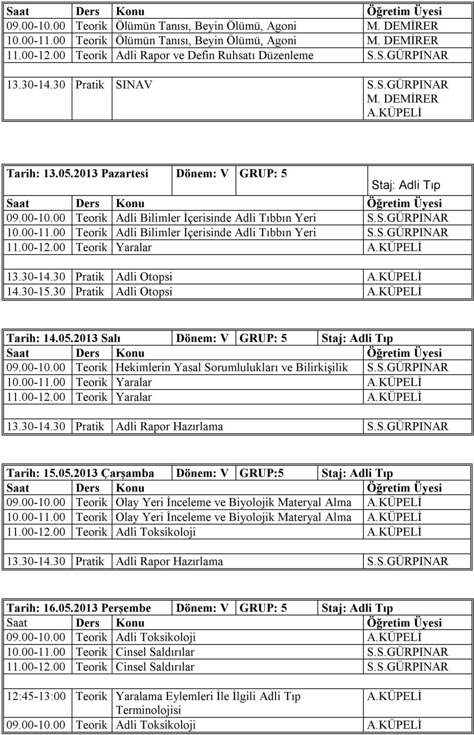 00 Teorik Yaralar 13.30-14.30 Pratik Adli Otopsi 14.30-15.30 Pratik Adli Otopsi Tarih: 14.05.2013 Salı Dönem: V GRUP: 5 09.00-10.00 Teorik Hekimlerin Yasal Sorumlulukları ve Bilirkişilik S.S.GÜRPINAR 10.