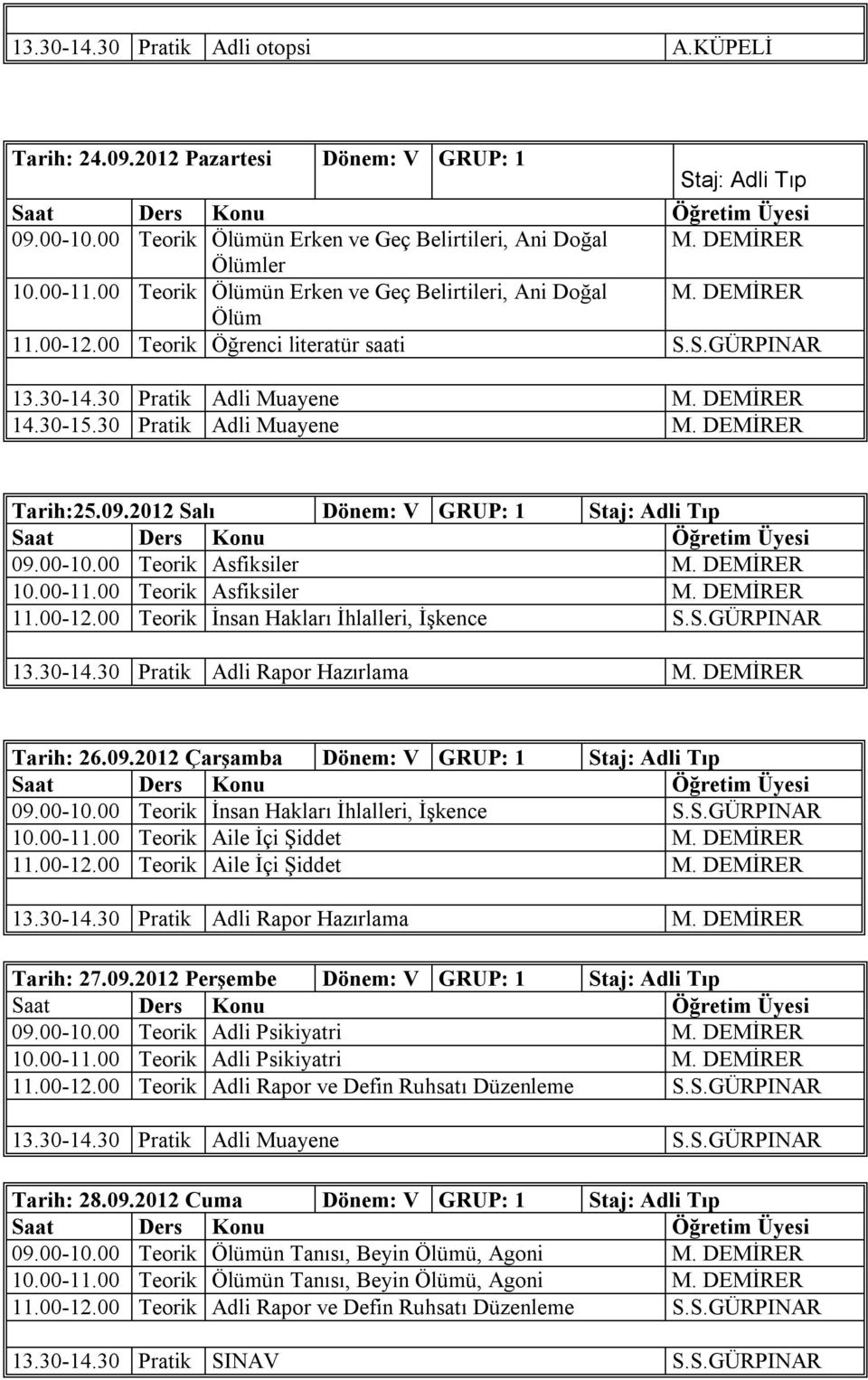 30 Pratik Adli Muayene M. DEMİRER Tarih:25.09.2012 Salı Dönem: V GRUP: 1 09.00-10.00 Teorik Asfiksiler M. DEMİRER 10.00-11.00 Teorik Asfiksiler M. DEMİRER 11.00-12.