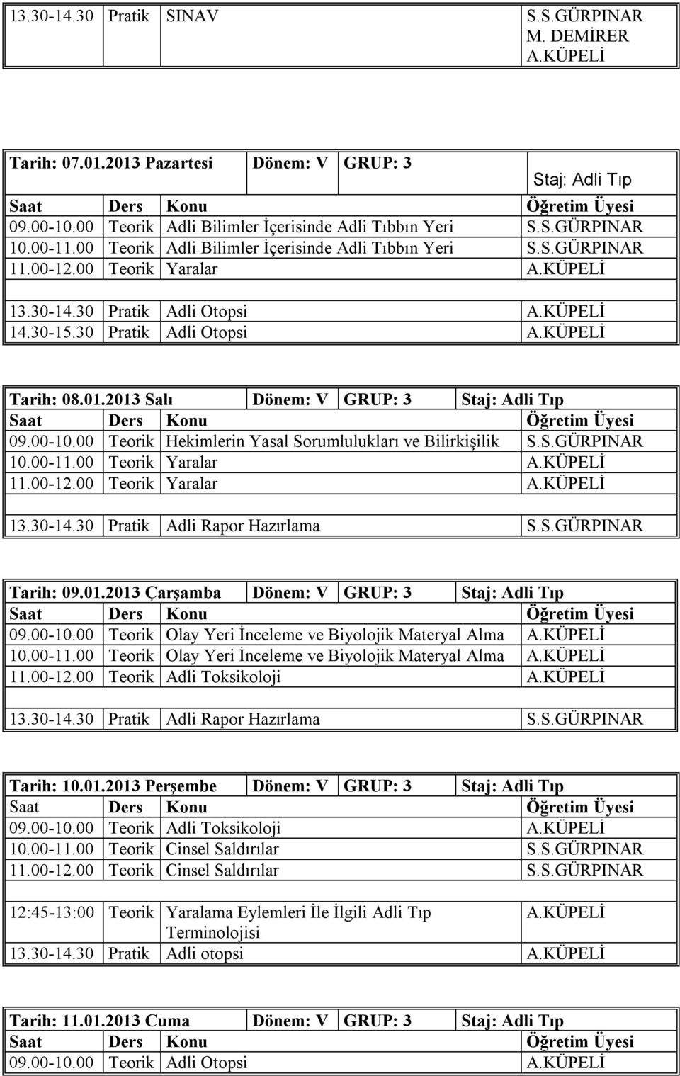 00-10.00 Teorik Hekimlerin Yasal Sorumlulukları ve Bilirkişilik S.S.GÜRPINAR 10.00-11.00 Teorik Yaralar 11.00-12.00 Teorik Yaralar Tarih: 09.01.2013 Çarşamba Dönem: V GRUP: 3 09.00-10.00 Teorik Olay Yeri İnceleme ve Biyolojik Materyal Alma 10.