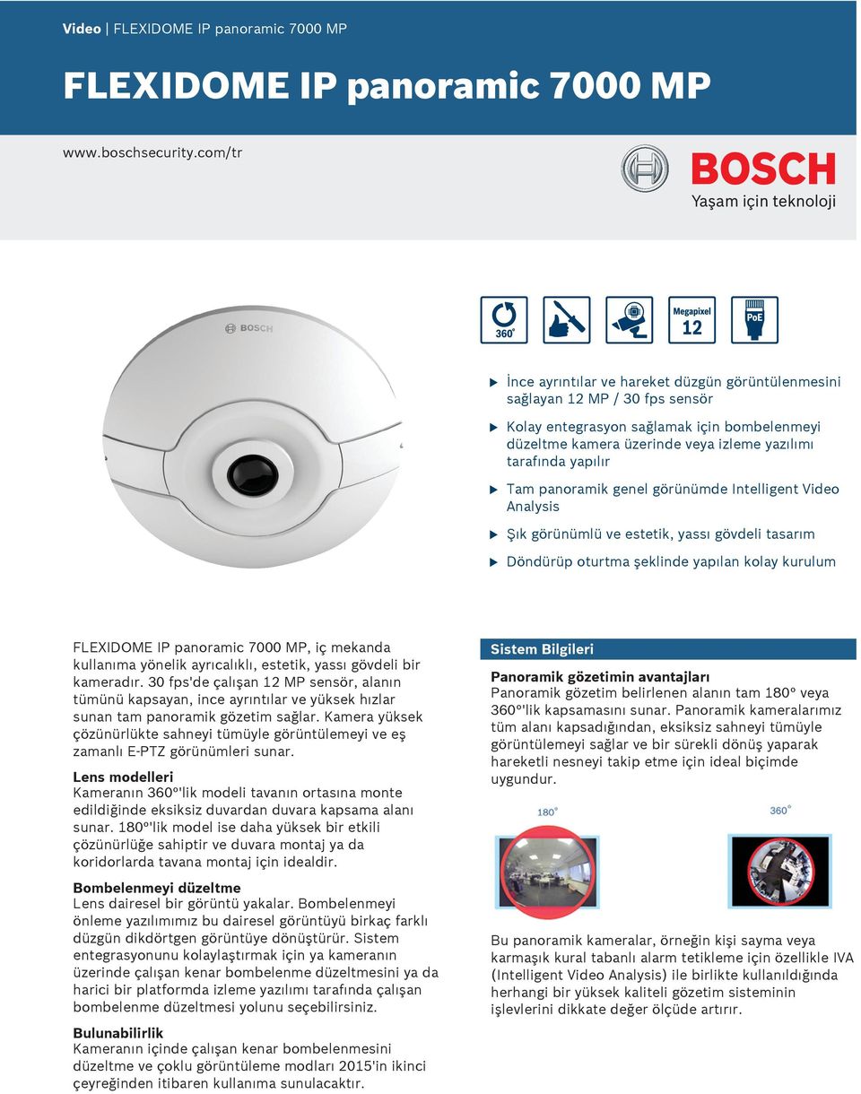 Tam panoramik genel görünümde Intelligent Video Analysis Şık görünümlü ve estetik, yassı gövdeli tasarım Döndürüp otrtma şeklinde yapılan kolay krlm, iç mekanda kllanıma yönelik ayrıcalıklı, estetik,