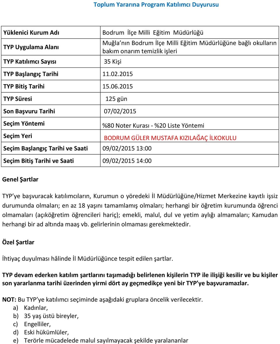 Başlangıç Tarihi ve Saati 09/02/2015 13:00 Seçim Bitiş