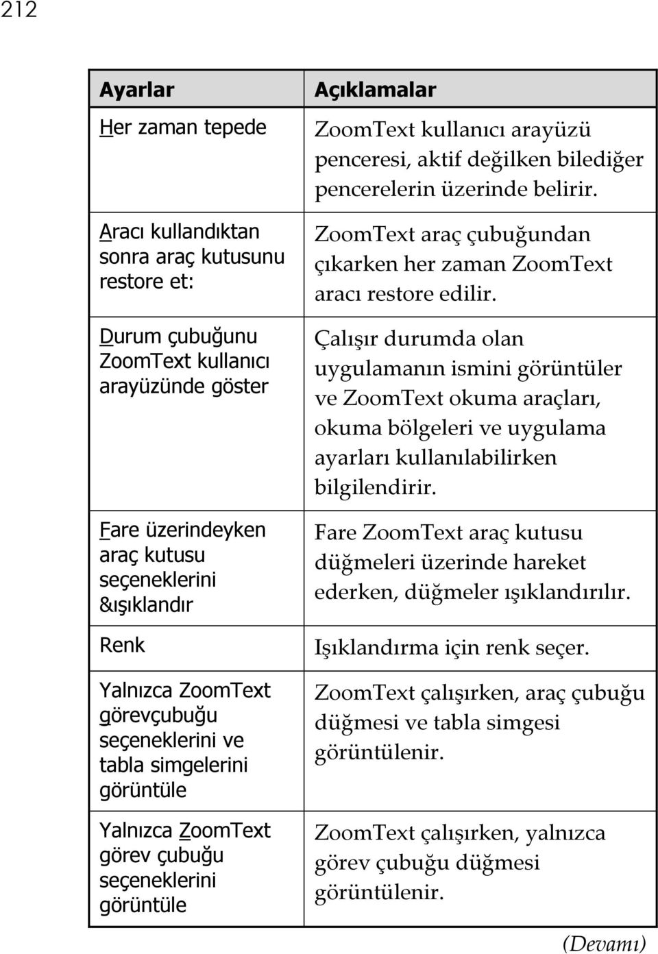 bilediğer pencerelerin üzerinde belirir. ZoomText araç çubuğundan çıkarken her zaman ZoomText aracı restore edilir.