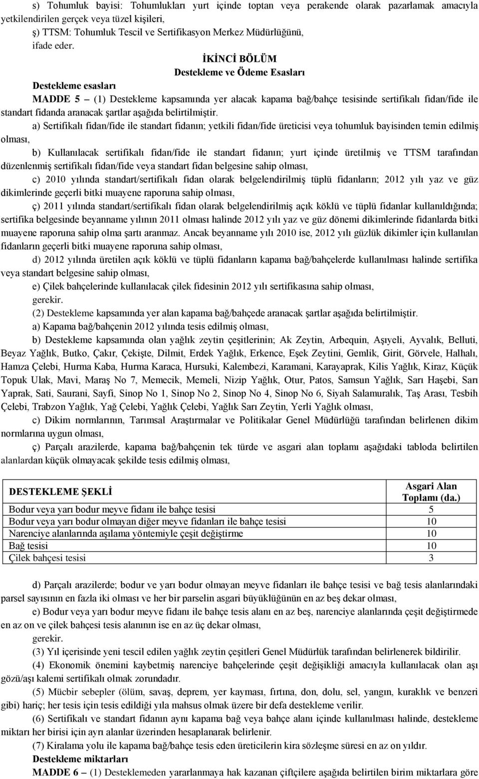 İKİNCİ BÖLÜM Destekleme ve Ödeme Esasları Destekleme esasları MADDE 5 (1) Destekleme kapsamında yer alacak kapama bağ/bahçe tesisinde sertifikalı fidan/fide ile standart fidanda aranacak şartlar