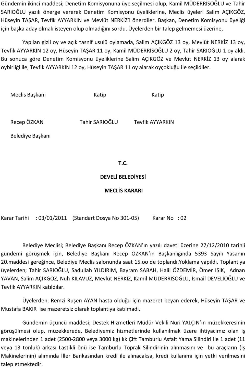 Üyelerden bir talep gelmemesi üzerine, Yapılan gizli oy ve açık tasnif usulü oylamada, Salim AÇIKGÖZ 13 oy, Mevlüt NERKİZ 13 oy, Tevfik AYYARKIN 12 oy, Hüseyin TAŞAR 11 oy, Kamil MÜDERRİSOĞLU 2 oy,