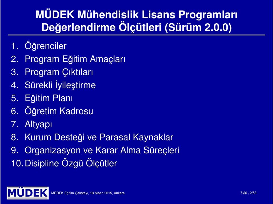 Öğretim Kadrosu 7. Altyapı 8. Kurum Desteği ve Parasal Kaynaklar 9.