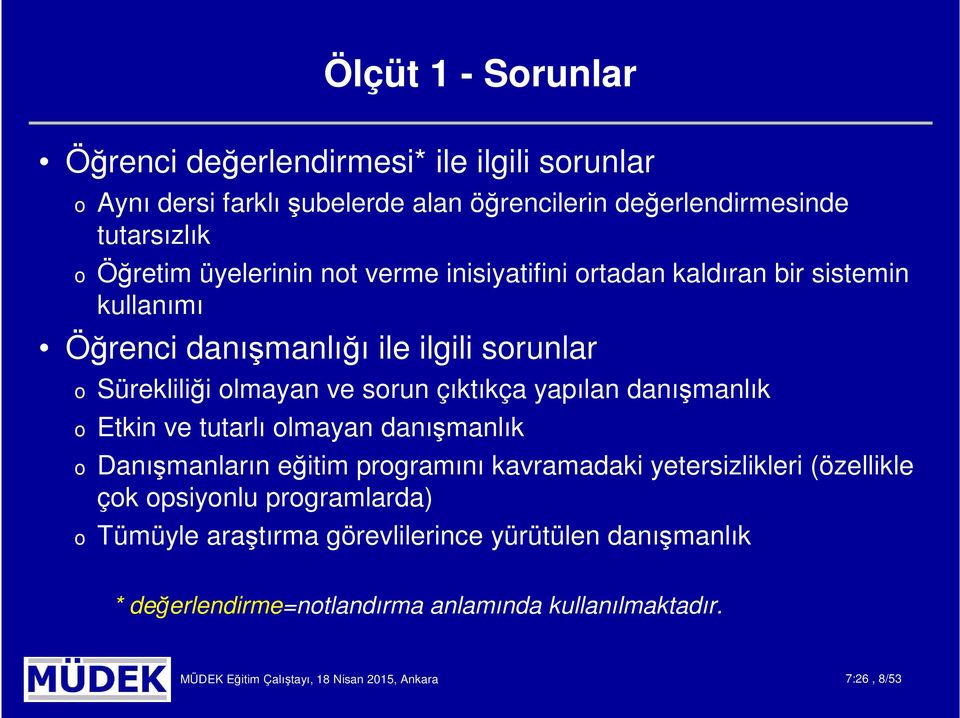 yapılan danışmanlık o Etkin ve tutarlı olmayan danışmanlık o Danışmanların eğitim programını kavramadaki yetersizlikleri (özellikle çok opsiyonlu programlarda)