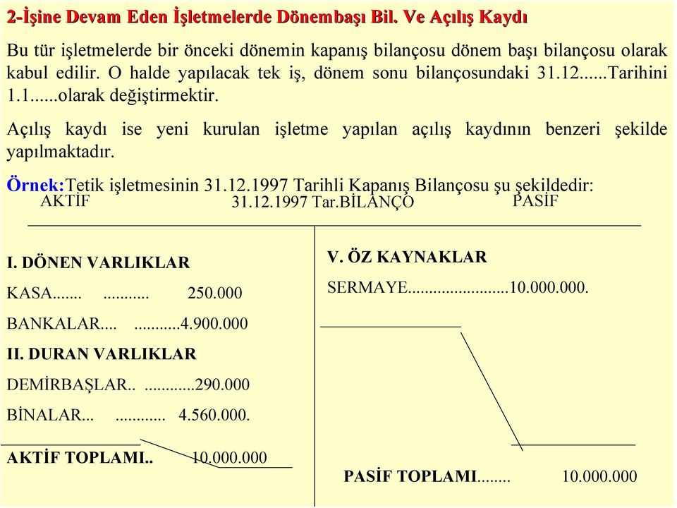 Açılış kaydı ise yeni kurulan işletme yapılan açılış kaydının benzeri şekilde yapılmaktadır. Örnek:Tetik işletmesinin 31.12.