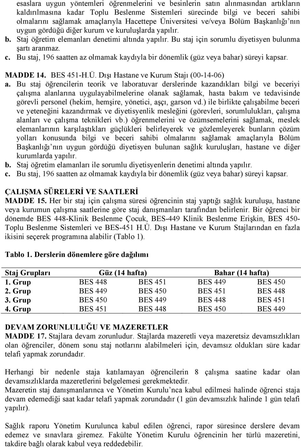 Bu staj için sorumlu diyetisyen bulunma şartı aranmaz. c. Bu staj, 196 saatten az olmamak kaydıyla bir dönemlik (güz veya bahar) süreyi kapsar. MADDE 14. BES 451-H.Ü.