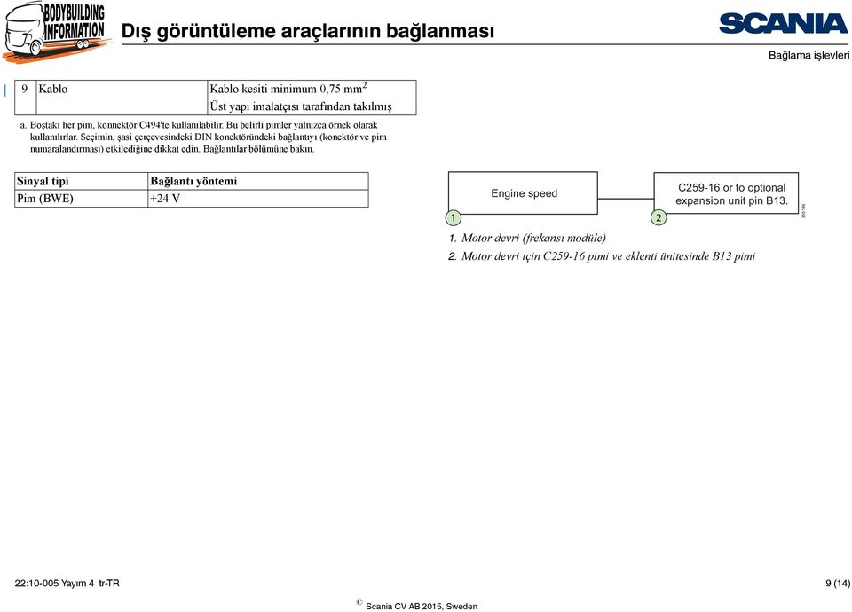 Seçimin, şasi çerçevesindeki DIN konektöründeki bağlantıyı (konektör ve pim numaralandırması) etkilediğine dikkat edin.