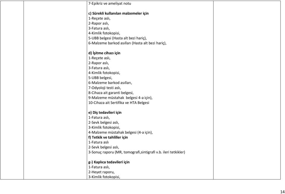 belgesi, 9-Malzeme müstahak belgesi 4-a için), 10-Cihaza ait Sertifika ve HTA Belgesi e) Diş tedavileri için 1-Fatura aslı, 2-Sevk belgesi aslı, 3-Kimlik fotokopisi, 4-Malzeme müstahak belgesi (4-a