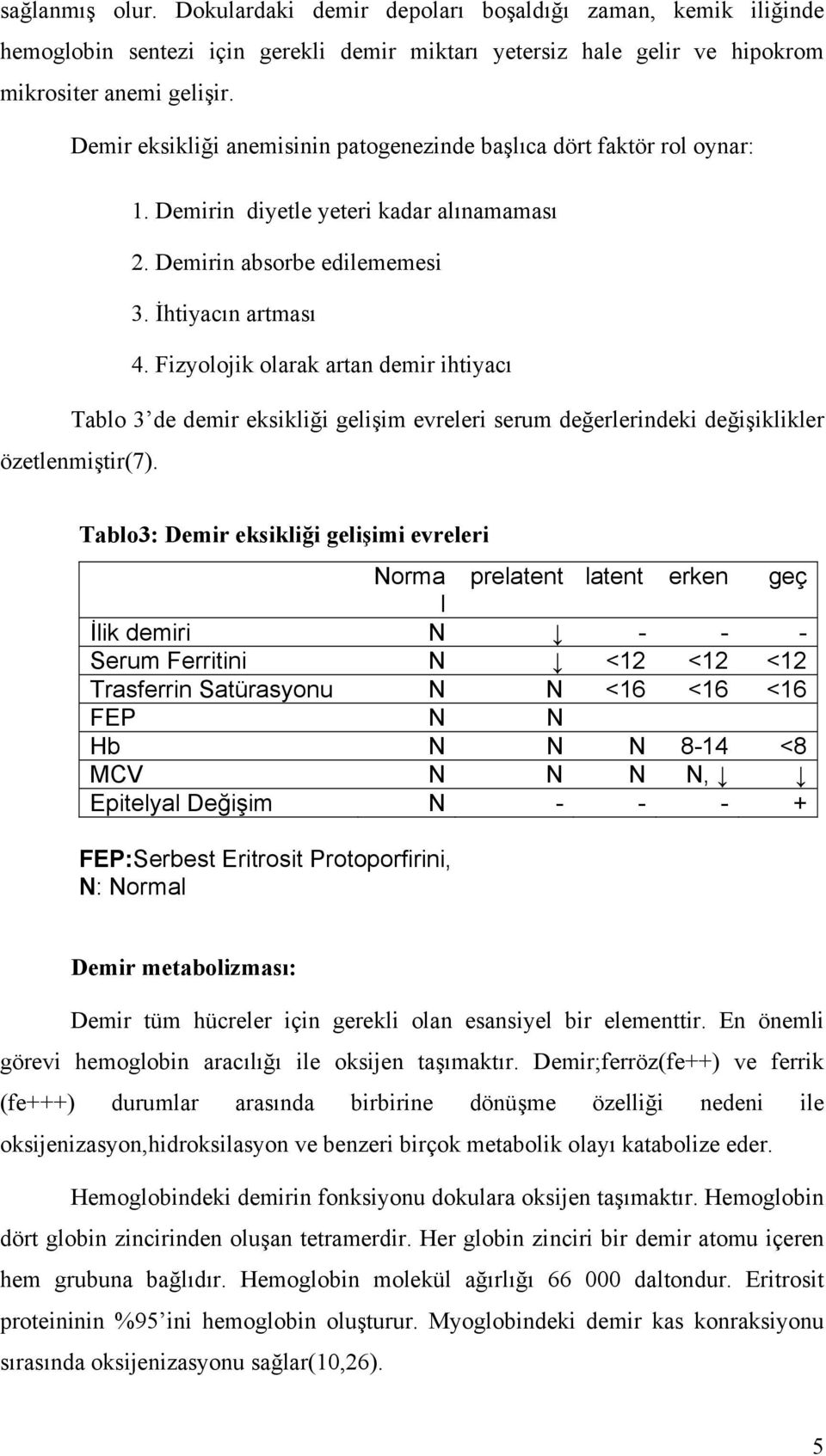 Fizyolojik olarak artan demir ihtiyacı Tablo 3 de demir eksikliği gelişim evreleri serum değerlerindeki değişiklikler özetlenmiştir(7).