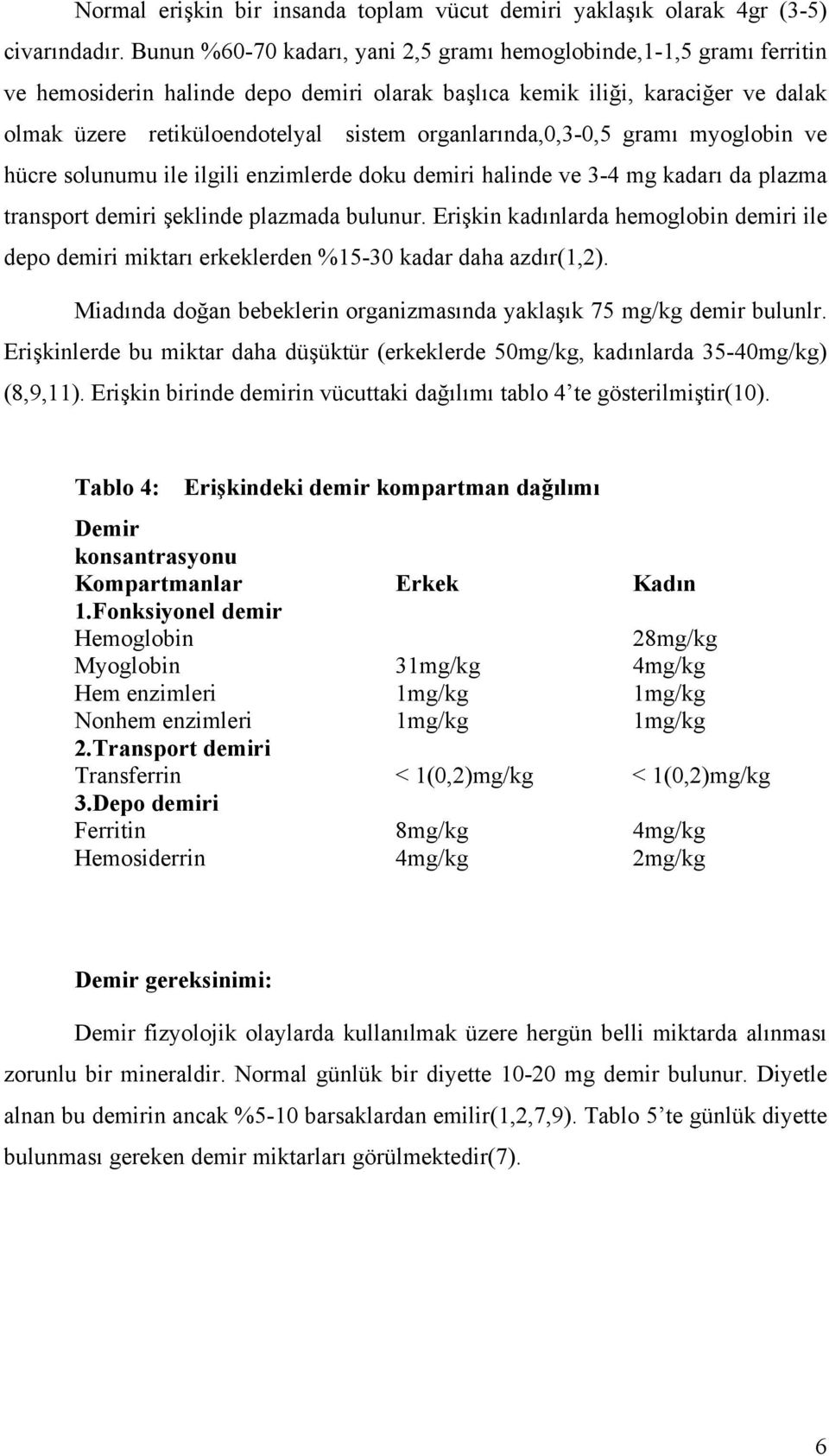 organlarında,0,3-0,5 gramı myoglobin ve hücre solunumu ile ilgili enzimlerde doku demiri halinde ve 3-4 mg kadarı da plazma transport demiri şeklinde plazmada bulunur.