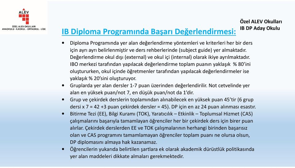 IBO merkezi tarafından yapılacak değerlendirme toplam puanın yaklaşık % 80 ini oluştururken, okul içinde öğretmenler tarafından yapılacak değerlendirmeler ise yaklaşık % 20 sini oluşturuyor.