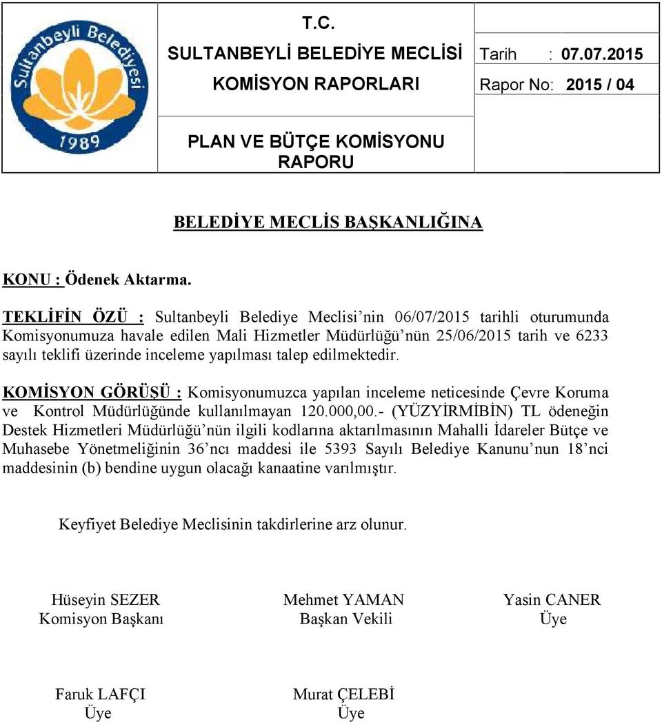 KOMİSYON GÖRÜŞÜ : Komisyonumuzca yapılan inceleme neticesinde Çevre Koruma ve Kontrol Müdürlüğünde kullanılmayan 120.000,00.