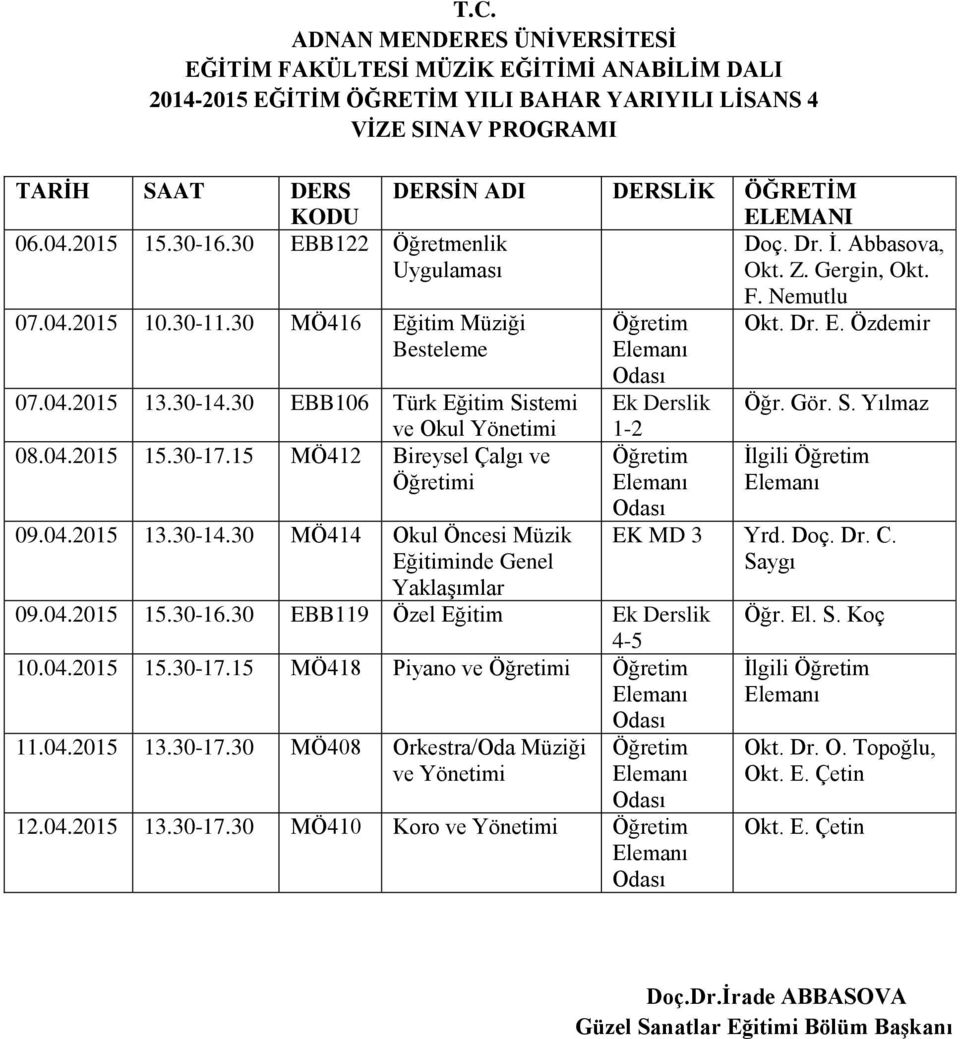 15 MÖ412 Bireysel Çalgı ve Öğretimi 09.04.2015 13.30-14.30 MÖ414 Okul Öncesi Müzik Eğitiminde Genel Yaklaşımlar 1-2 Öğretim 09.04.2015 15.30-16.30 EBB119 Özel Eğitim Ek Derslik 4-5 10.04.2015 15.30-17.