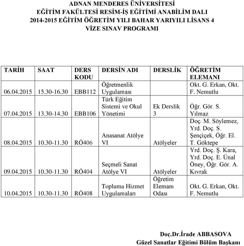 Gör. S. Yönetimi 3 Yılmaz Anasanat Atölye VI Seçmeli Sanat Atölye VI Topluma Hizmet Uygulamaları Atölyeler Atölyeler Öğretim Okt. G. Erkan, Okt. F.