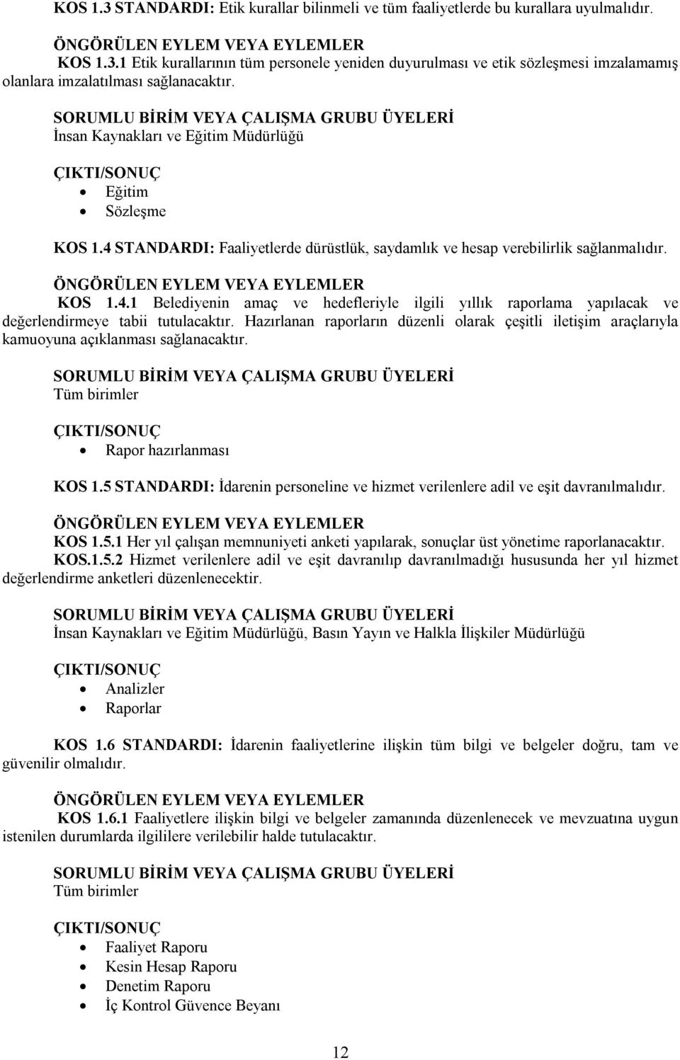 Hazırlanan raporların düzenli olarak çeşitli iletişim araçlarıyla kamuoyuna açıklanması sağlanacaktır. Rapor hazırlanması KOS 1.