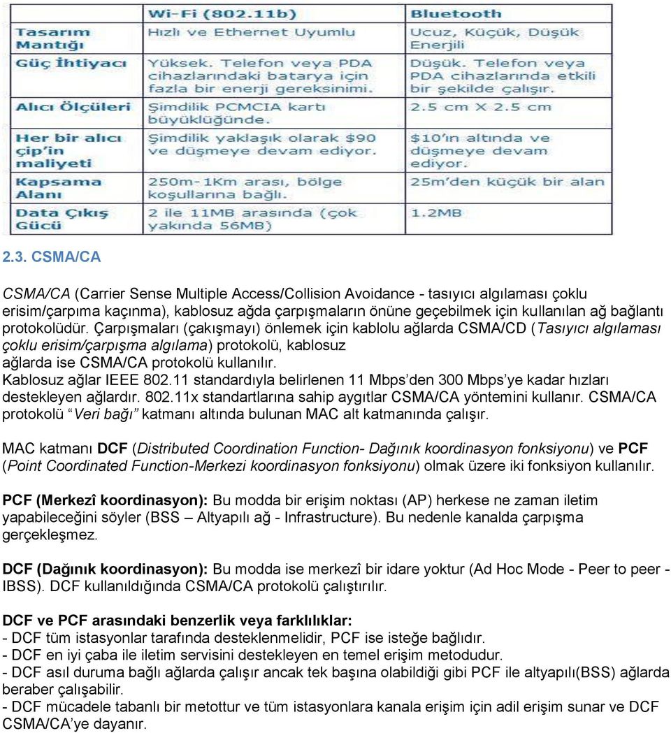 Kablosuz ağlar IEEE 802.11 standardıyla belirlenen 11 Mbps den 300 Mbps ye kadar hızları destekleyen ağlardır. 802.11x standartlarına sahip aygıtlar CSMA/CA yöntemini kullanır.