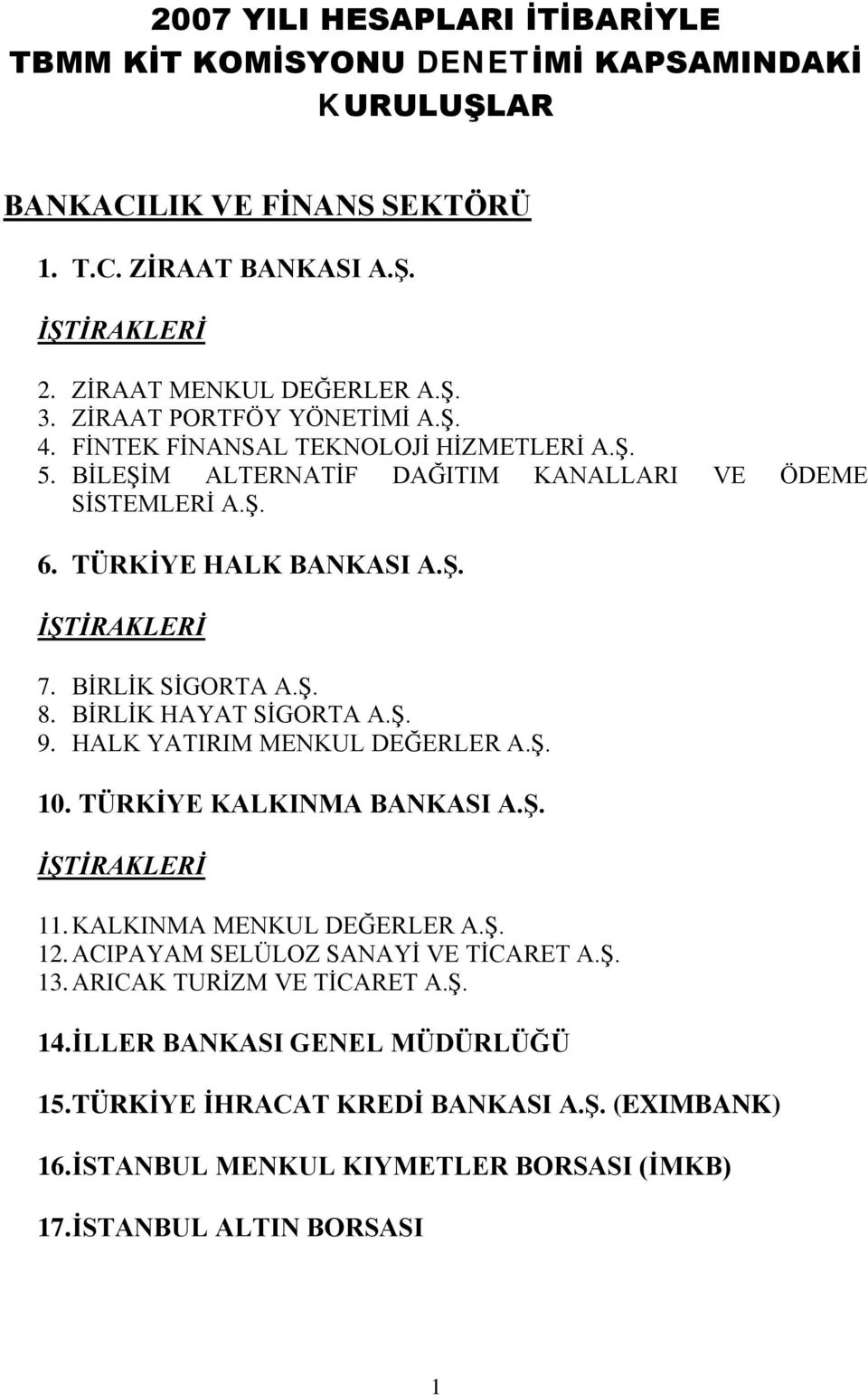 BİRLİK SİGORTA A.Ş. 8. BİRLİK HAYAT SİGORTA A.Ş. 9. HALK YATIRIM MENKUL DEĞERLER A.Ş. 10. TÜRKİYE KALKINMA BANKASI A.Ş. 11. KALKINMA MENKUL DEĞERLER A.Ş. 12.