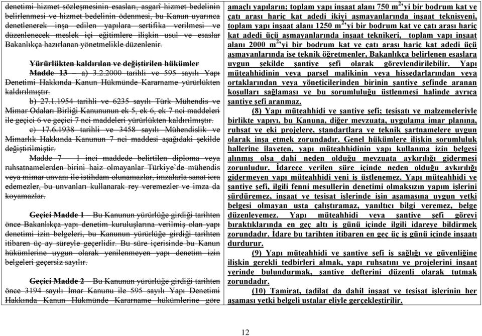 2000 tarihli ve 595 sayılı Yapı Denetimi Hakkında Kanun Hükmünde Kararname yürürlükten kaldırılmıştır. b) 27.1.