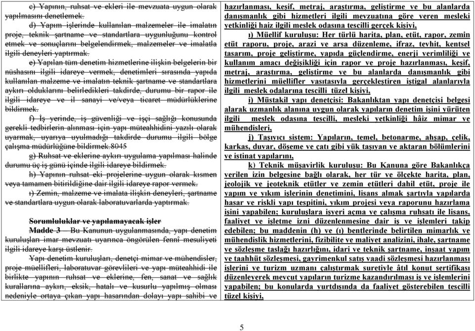 e) Yapılan tüm denetim hizmetlerine ilişkin belgelerin bir nüshasını ilgili idareye vermek, denetimleri sırasında yapıda kullanılan malzeme ve imalatın teknik şartname ve standartlara aykırı