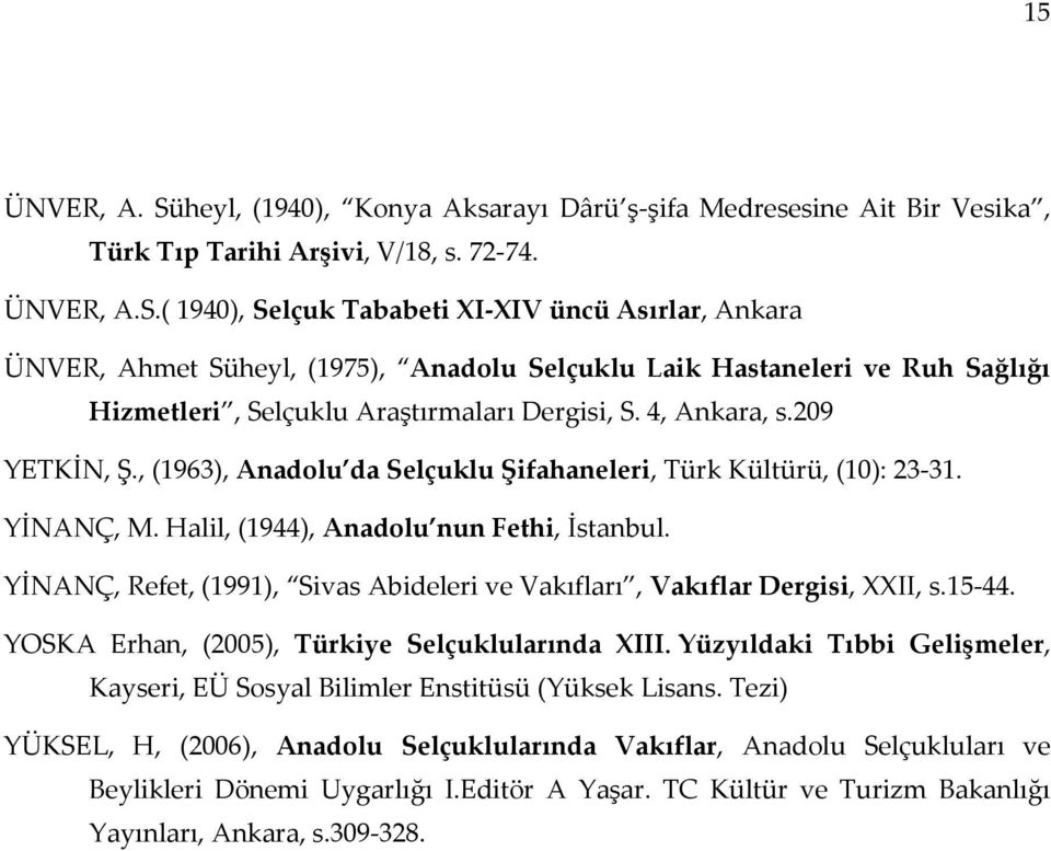 YİNANÇ, Refet, (1991), Sivas Abideleri ve Vakıfları, Vakıflar Dergisi, XXII, s.15-44. YOSKA Erhan, (2005), Türkiye Selçuklularında XIII.