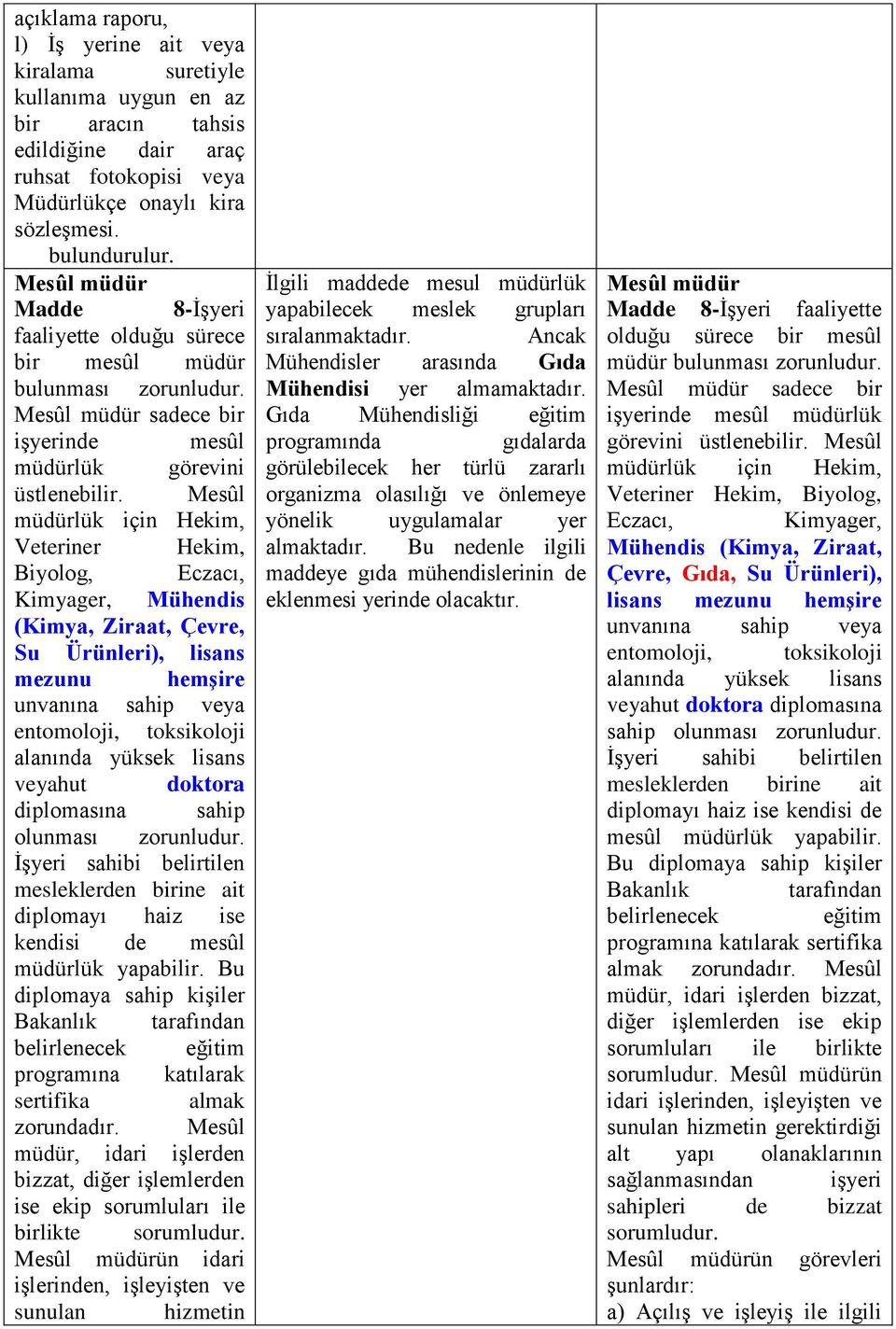 Mesûl müdürlük için Hekim, Veteriner Hekim, Biyolog, Eczacı, Kimyager, Mühendis (Kimya, Ziraat, Çevre, Su Ürünleri), lisans mezunu hemşire unvanına sahip veya entomoloji, toksikoloji alanında yüksek