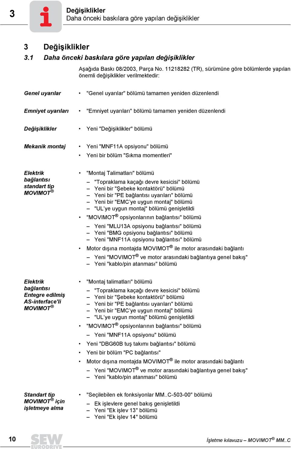 tamamen yeniden düzenlendi Değişiklikler Yeni "Değişiklikler" bölümü Mekanik montaj Yeni "MNF11A opsiyonu" bölümü Yeni bir bölüm "Sıkma momentleri" Elektrik bağlantısı standart tip MOVIMOT "Montaj