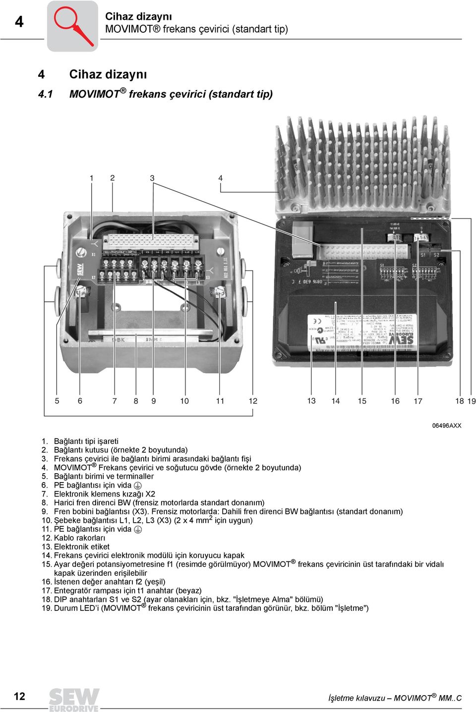 Bağlantı birimi ve terminaller 6. PE bağlantısı için vida 7. Elektronik klemens kızağı X2 8. Harici fren direnci BW (frensiz motorlarda standart donanım) 9. Fren bobini bağlantısı (X3).