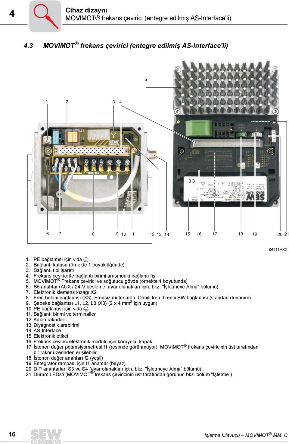 MOVIMOT Frekans çevirici ve soğutucu gövde (örnekte 1 boyutunda) 6. S5 anahtar (AUX / 24-V besleme, ayar olanakları için, bkz. "İşletmeye Alma" bölümü) 7. Elektronik klemens kızağı X2 8.