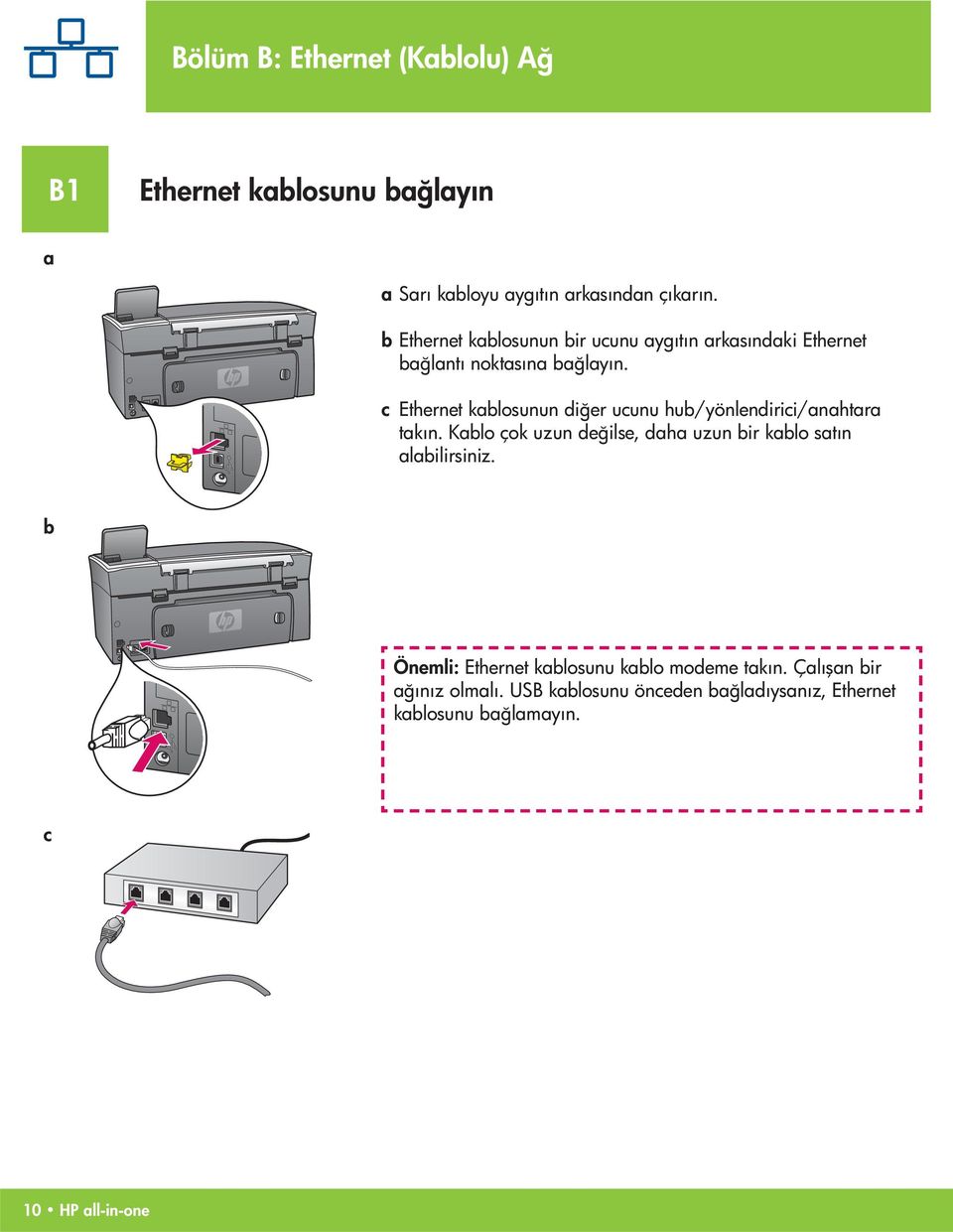 c Ethernet kablosunun diğer ucunu hub/yönlendirici/anahtara takın.