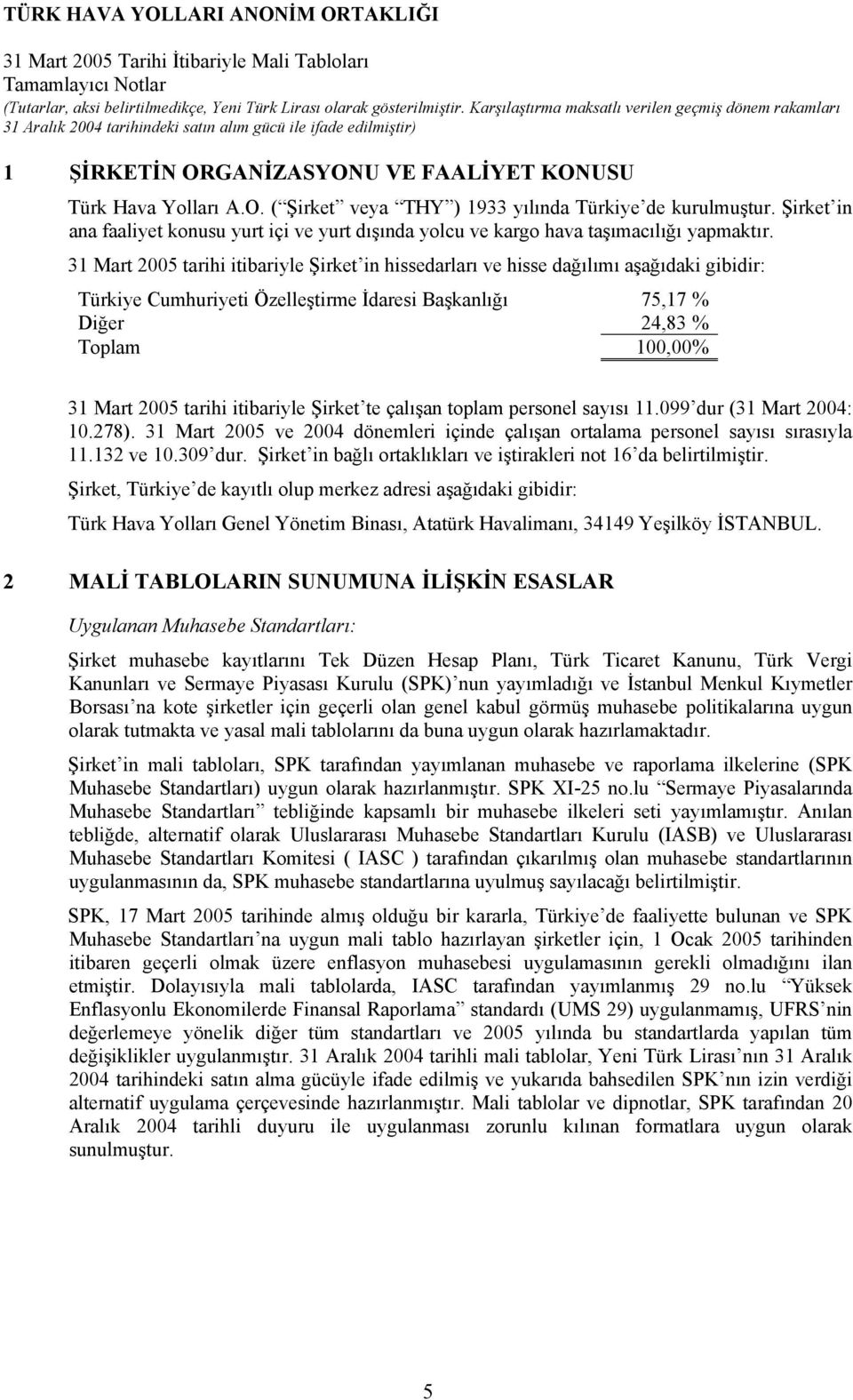 31 Mart 2005 tarihi itibariyle Şirket in hissedarları ve hisse dağılımı aşağıdaki gibidir: Türkiye Cumhuriyeti Özelleştirme İdaresi Başkanlığı 75,17 % Diğer 24,83 % Toplam 100,00% 31 Mart 2005 tarihi