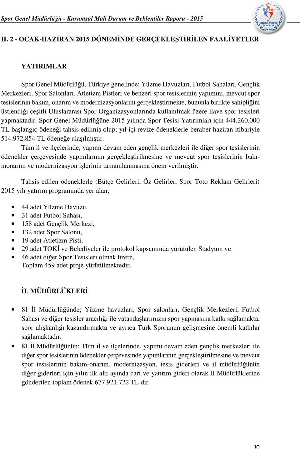 Organizasyonlarında kullanılmak üzere ilave spor tesisleri yapmaktadır. Spor Genel Müdürlüğüne 2015 yılında Spor Tesisi Yatırımları için 444.260.