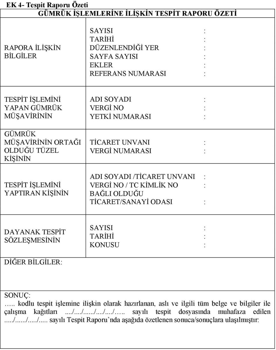 UNVANI : VERGİ NO / TC KİMLİK NO : BAĞLI OLDUĞU TİCARET/SANAYİ ODASI : DAYANAK TESPİT SÖZLEŞMESİNİN SAYISI : TARİHİ : KONUSU : DİĞER BİLGİLER: SONUÇ:.