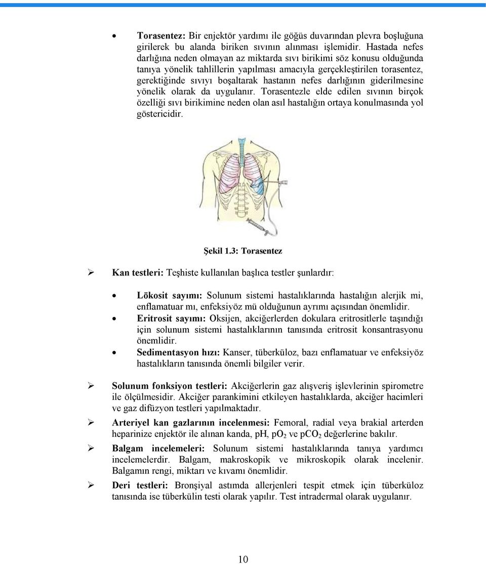 nefes darlığının giderilmesine yönelik olarak da uygulanır. Torasentezle elde edilen sıvının birçok özelliği sıvı birikimine neden olan asıl hastalığın ortaya konulmasında yol göstericidir. Şekil 1.