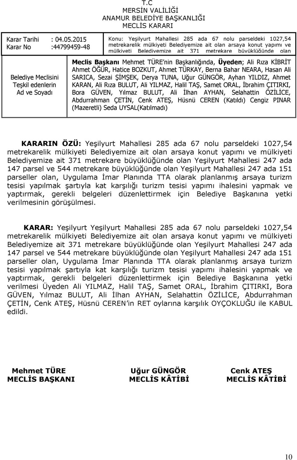 SARICA, Sezai parseller ŞİMŞEK, olan, Derya TUNA, Uygulama Uğur GÜNGÖR, İmar Planında Ayhan YILDIZ, TTA olarak Ahmet KARAN, Ali Rıza planlanmış BULUT, Ali arsaya YILMAZ, turizm Halil TAŞ, tesisi