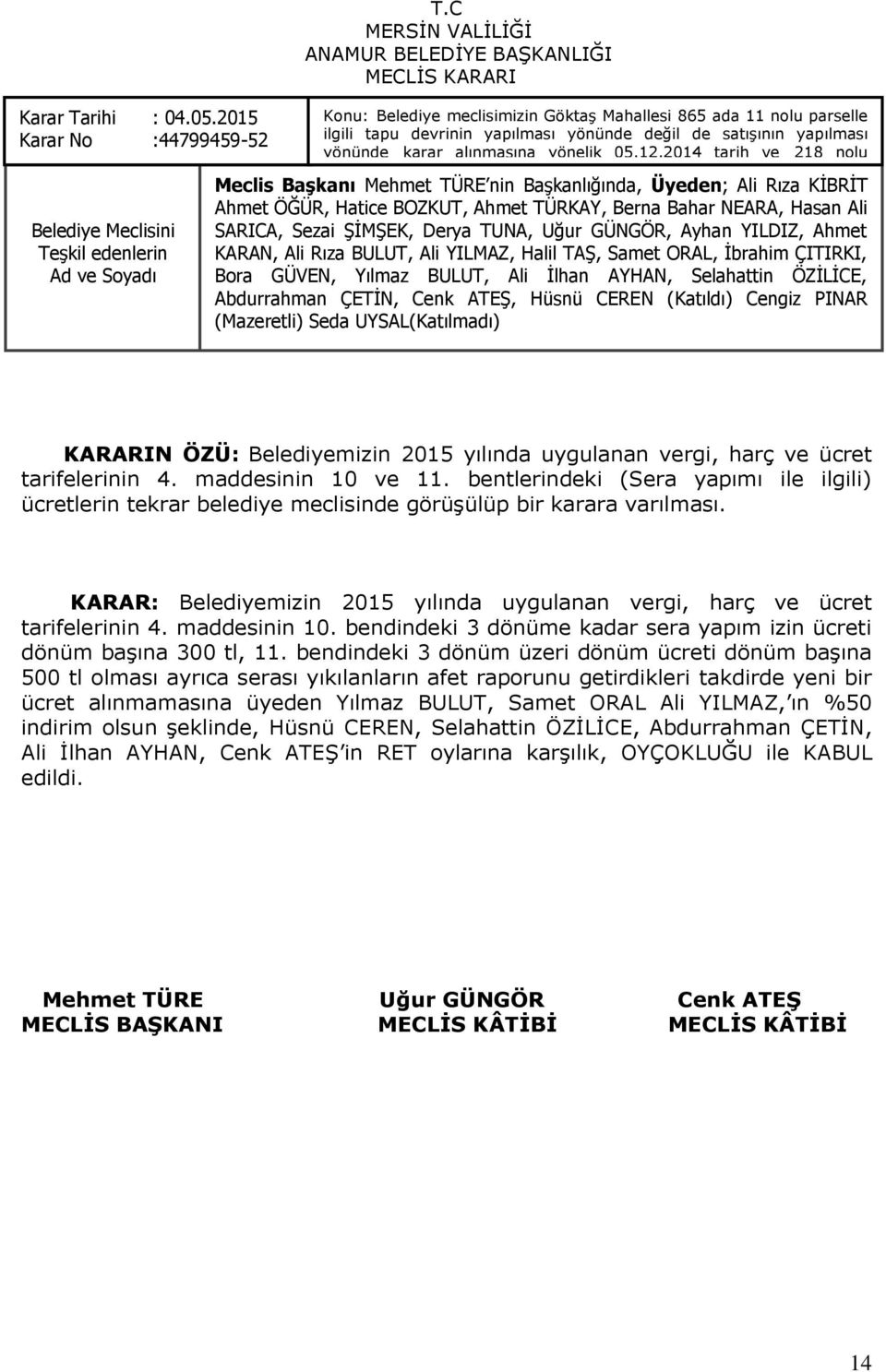 Ahmet TÜRKAY, Berna Bahar NEARA, Hasan Ali SARICA, Sezai ŞİMŞEK, Derya TUNA, Uğur GÜNGÖR, Ayhan YILDIZ, Ahmet KARAN, Ali Rıza BULUT, Ali YILMAZ, Halil TAŞ, Samet ORAL, İbrahim ÇITIRKI, KARARIN ÖZÜ: