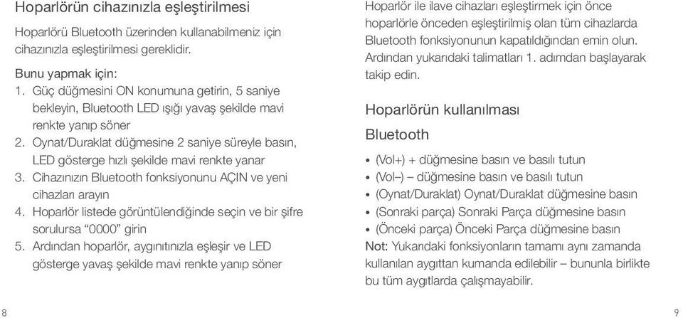 Oynat/Duraklat düğmesine 2 saniye süreyle basın, LED gösterge hızlı şekilde mavi renkte yanar 3. Cihazınızın Bluetooth fonksiyonunu AÇIN ve yeni cihazları arayın 4.