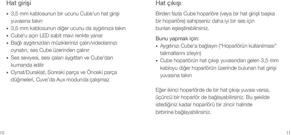 çalışmaz Hat çıkışı Birden fazla Cube hoparlöre (veya bir hat girişli başka bir hoparlöre) sahipseniz daha iyi bir ses için bunları eşleştirebilirsiniz.