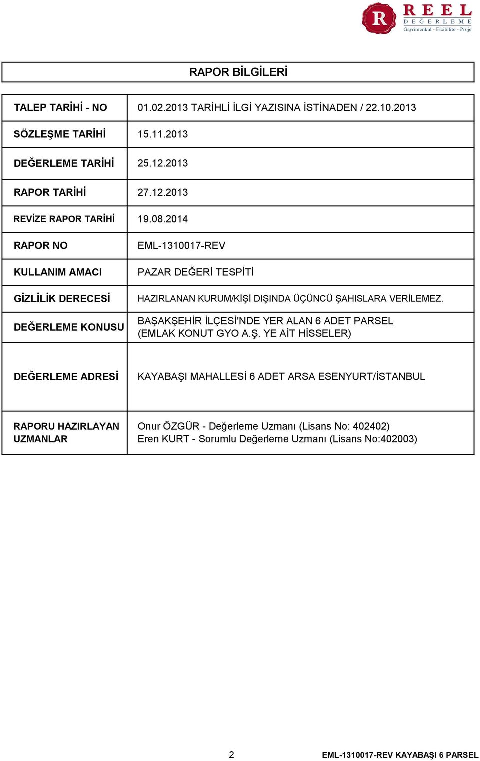 BAŞAKŞEHİR İLÇESİ'NDE YER ALAN 6 ADET PARSEL (EMLAK KONUT GYO A.Ş. YE AİT HİSSELER) DEĞERLEME ADRESİ KAYABAŞI MAHALLESİ 6 ADET ARSA ESENYURT/İSTANBUL RAPORU HAZIRLAYAN