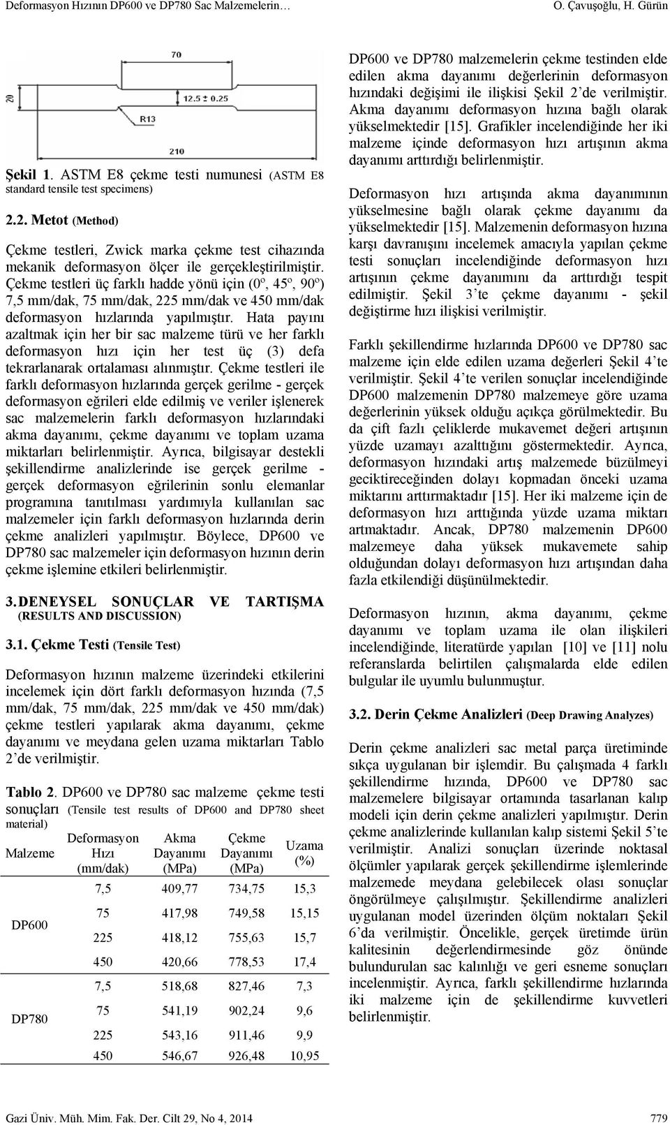 Çekme testleri üç farklı hadde yönü için (0º, 45º, 90º) 7,5 mm/dak, 75 mm/dak, 225 mm/dak ve 450 mm/dak deformasyon hızlarında yapılmıştır.