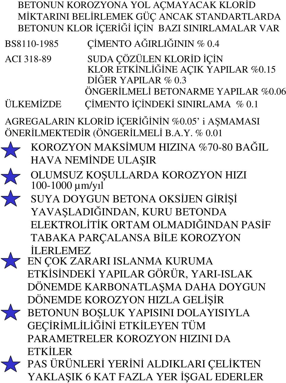 1 AGREGALARIN KLORĐD ĐÇERĐĞĐNĐN %0.05 i AŞMAMASI ÖNERĐLMEKTEDĐR (ÖNGERĐLMELĐ B.A.Y. % 0.