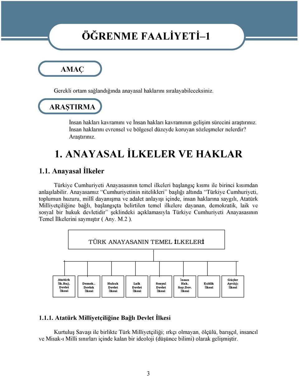 ANAYASAL İLKELER VE HAKLAR 1.1. Anayasal İlkeler Türkiye Cumhuriyeti Anayasasının temel ilkeleri başlangıç kısmı ile birinci kısımdan anlaşılabilir.