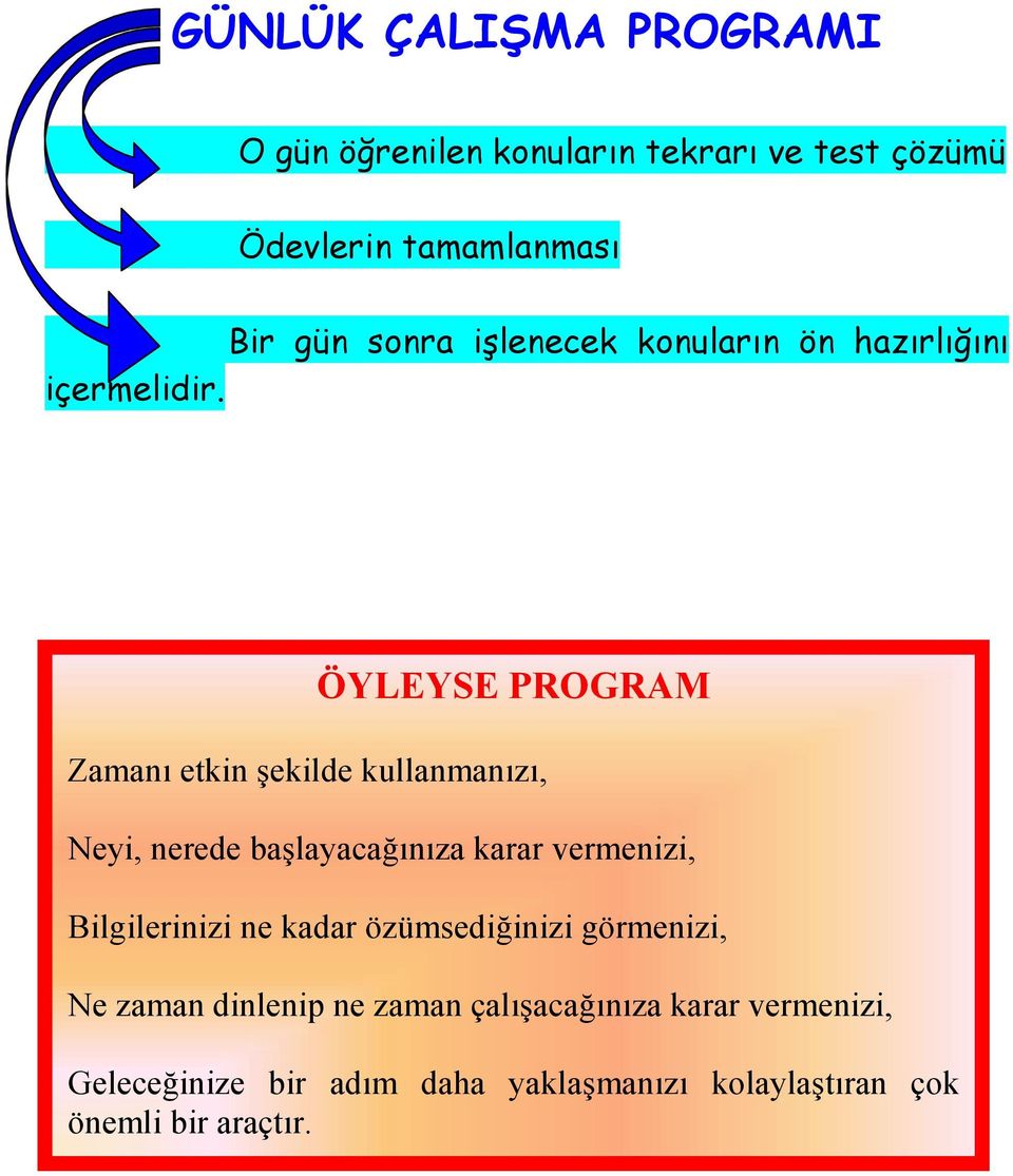 ÖYLEYSE PROGRAM Zamanı etkin şekilde kullanmanızı, Neyi, nerede başlayacağınıza karar vermenizi,