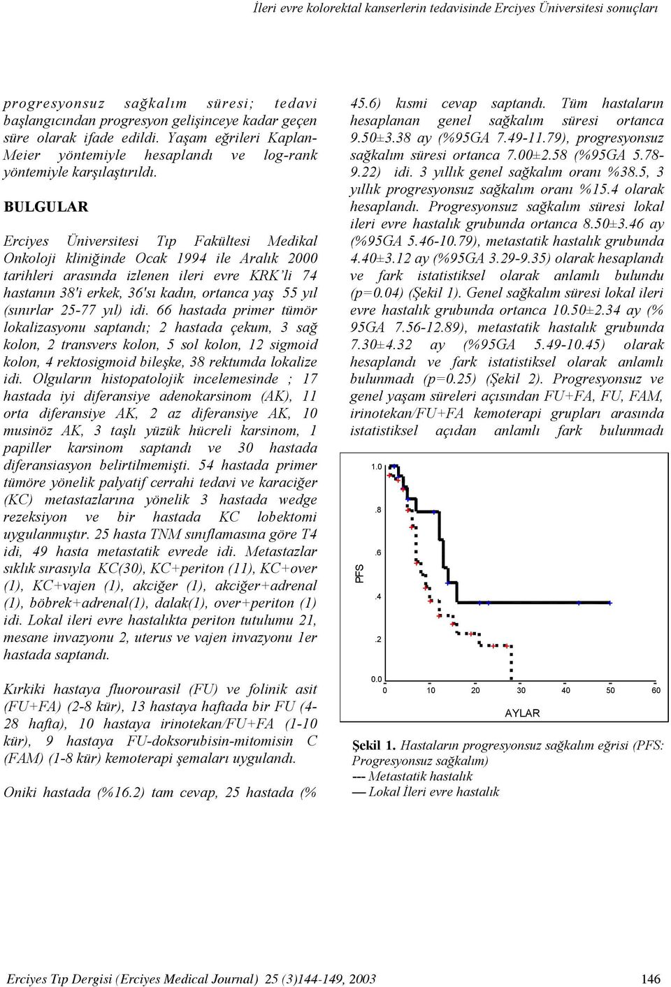 BULGULAR Erciyes Üniversitesi Tıp Fakültesi Medikal Onkoloji kliniğinde Ocak 1994 ile Aralık tarihleri arasında izlenen ileri evre KRK li 74 hastanın 38'i erkek, 36'sı kadın, ortanca yaş 55 yıl