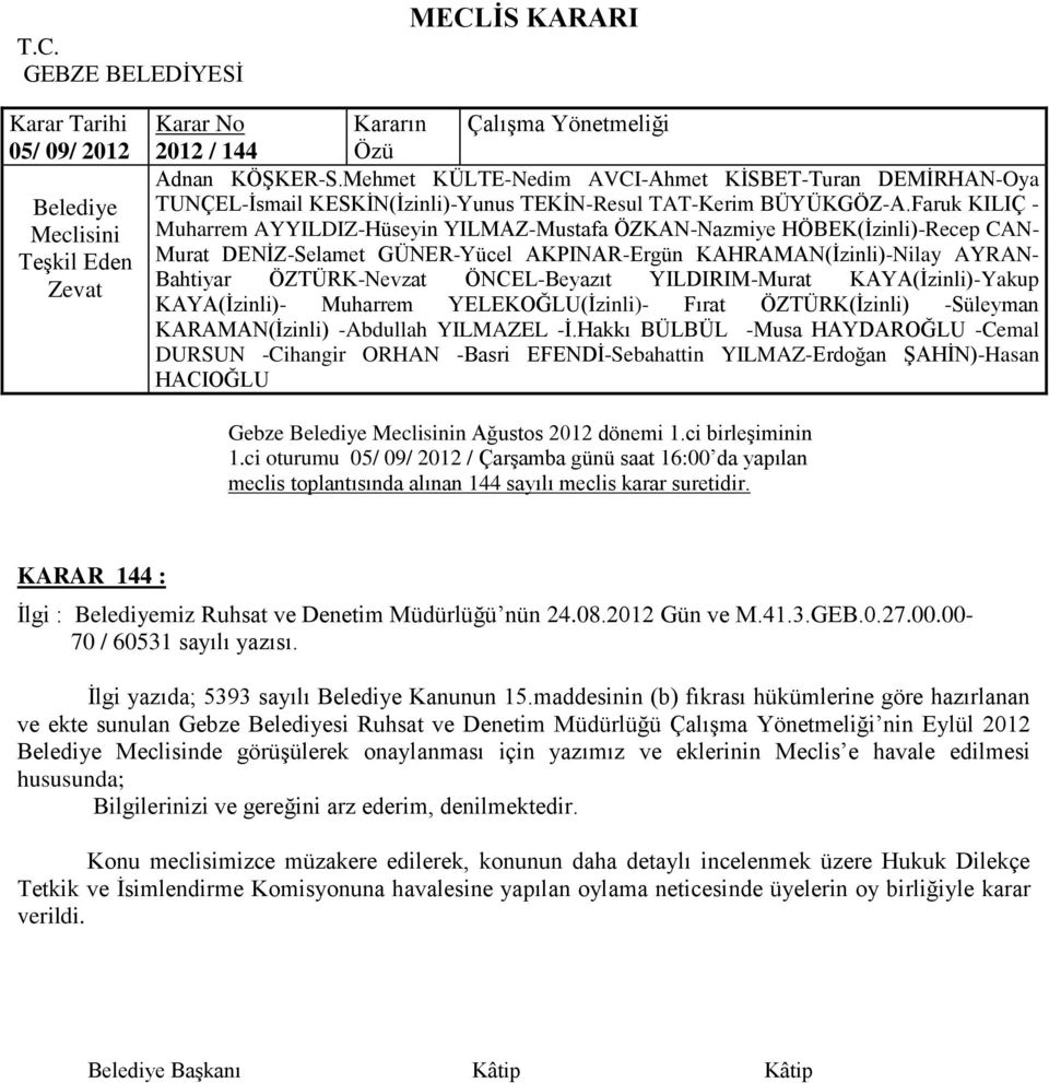 maddesinin (b) fıkrası hükümlerine göre hazırlanan ve ekte sunulan Gebze si Ruhsat ve Denetim Müdürlüğü ÇalıĢma Yönetmeliği nin Eylül 2012 Meclisinde görüģülerek onaylanması için yazımız ve eklerinin