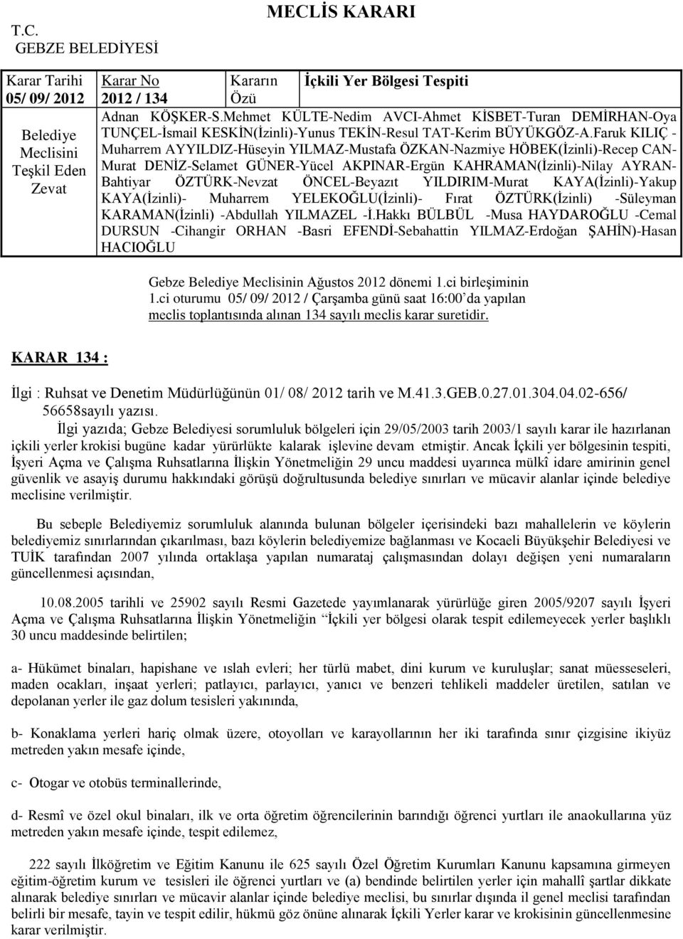 Ġlgi yazıda; Gebze si sorumluluk bölgeleri için 29/05/2003 tarih 2003/1 sayılı karar ile hazırlanan içkili yerler krokisi bugüne kadar yürürlükte kalarak iģlevine devam etmiģtir.