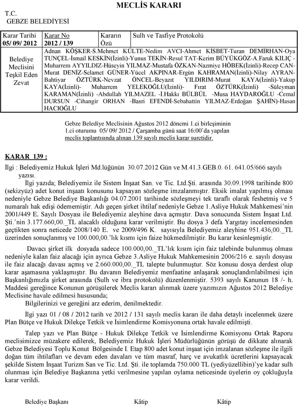 1998 tarihinde 800 (sekizyüz) adet konut inģaatı konusunu kapsayan sözleģme imzalanmıģtır. Eksik imalat yapılmıģ olması nedeniyle Gebze BaĢkanlığı 04.07.